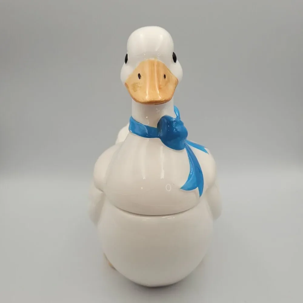 VTG White Goose Blue Bow Cookie Jar Cottage Farmhouse Country Granny 80s Kitchen
